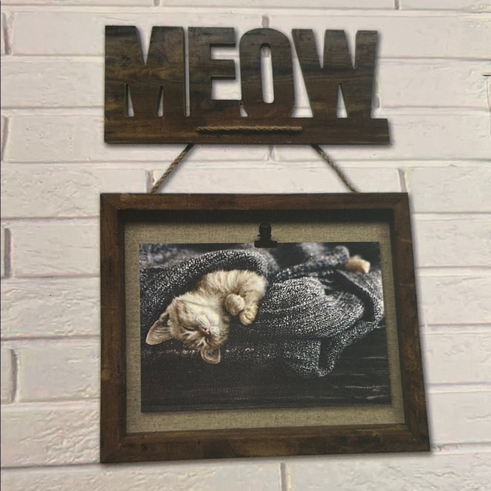 NEW Cat Lover Meow Memo Board/Photo Frame Brown Wood Wall Art